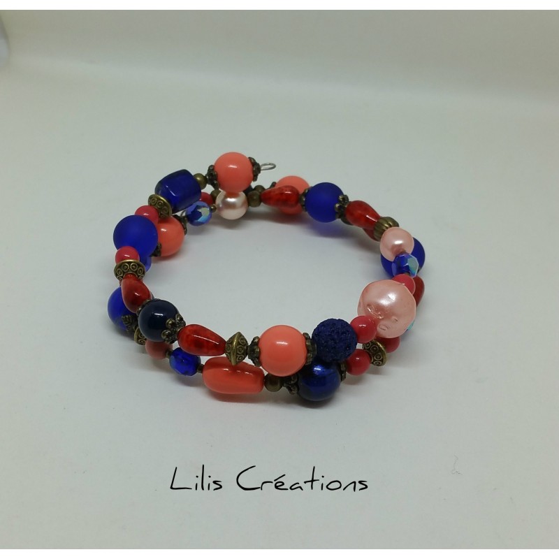Bracelet à mémoire de forme  2 tours Bleu, corail et bronze