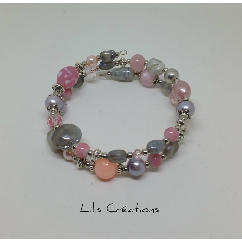 Bracelet à mémoire de forme  2 tours Gris, rose pâle et argenté