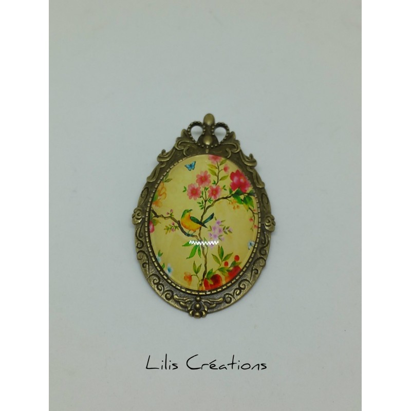 Broche XL oiseau et fleurs - bronze