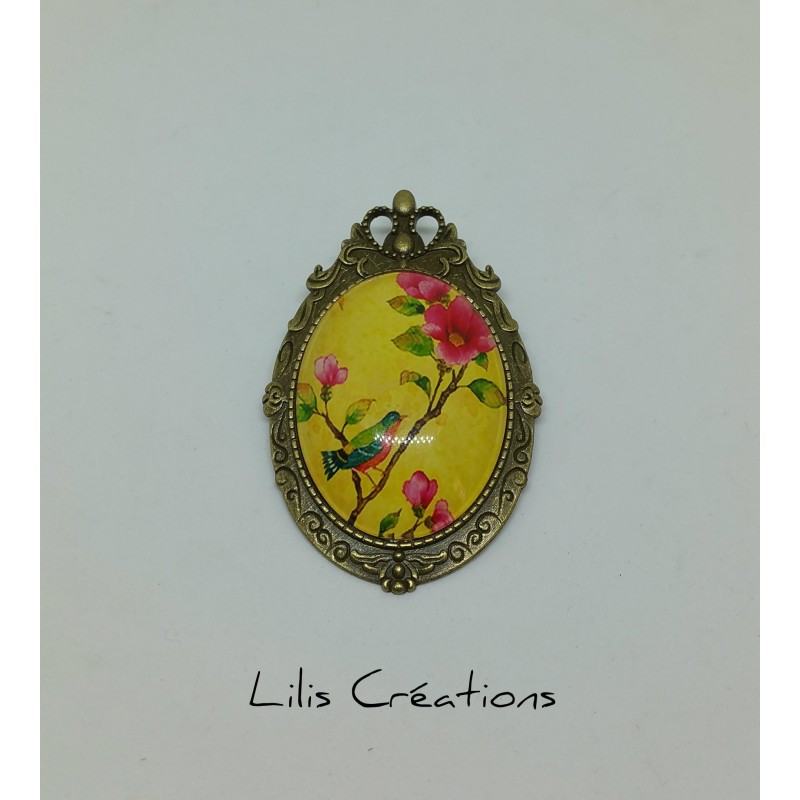 Broche XL oiseau et fleurs - bronze