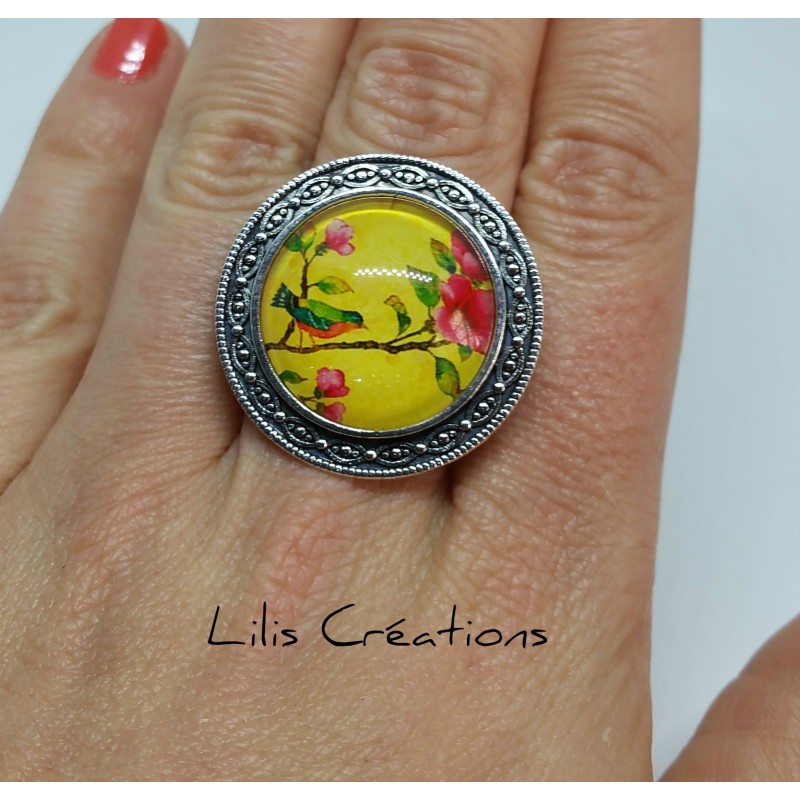 Bague "Oiseau et fleurs" argenté