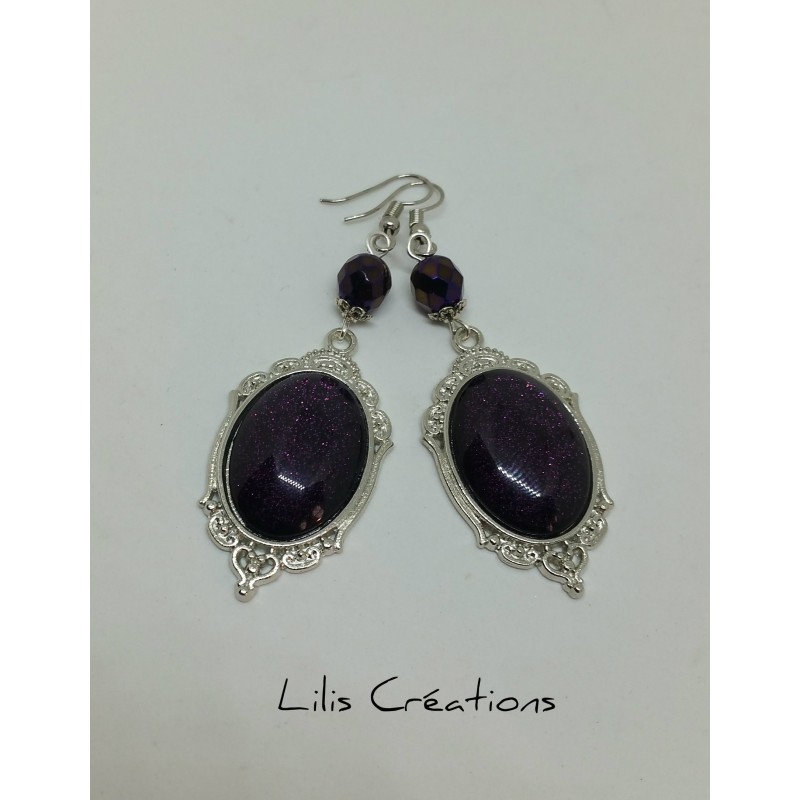 Boucles d'oreilles "paillettes prune violet" argenté
