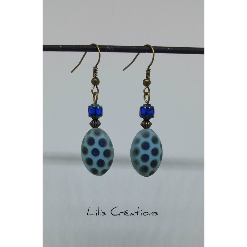 Boucles d'oreilles "Paon" en verre tchèque et verre de bohème bleu et bronze