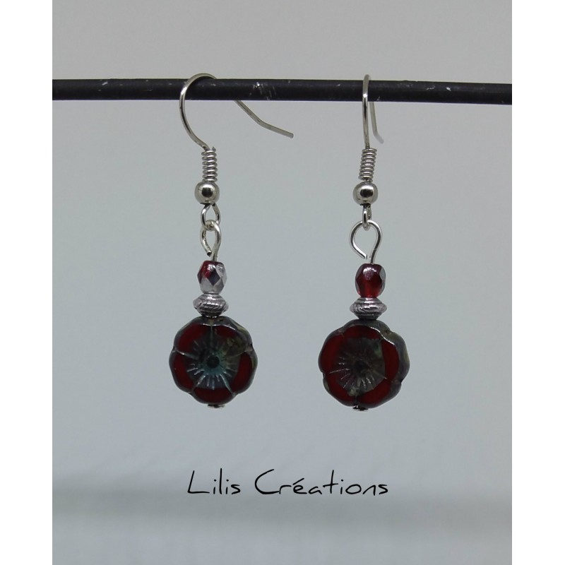 FLEURS - Boucles d'oreilles argenté perles en verre de bohème et verre tchèque rouge