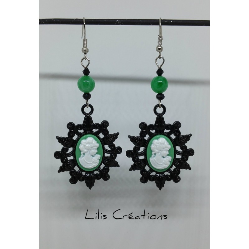 VINTAGE - Boucles d'oreilles Camée vert et noir