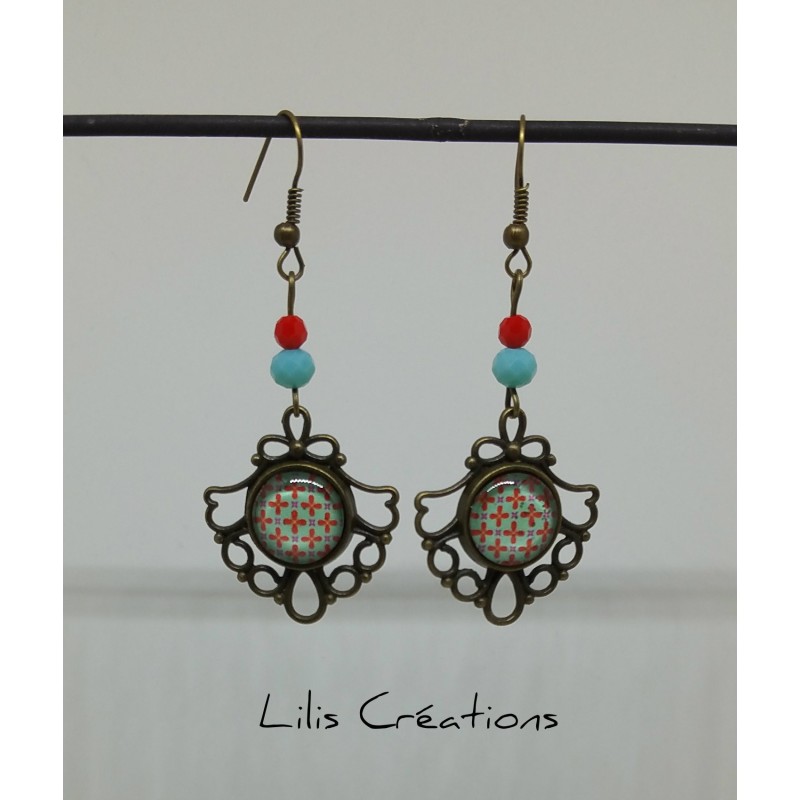 Boucles d'oreilles "Rétro" rouge bleu et bronze