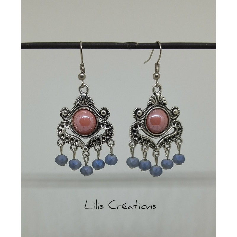 VINTAGE - Boucles d'oreilles Rose, bleu et argent