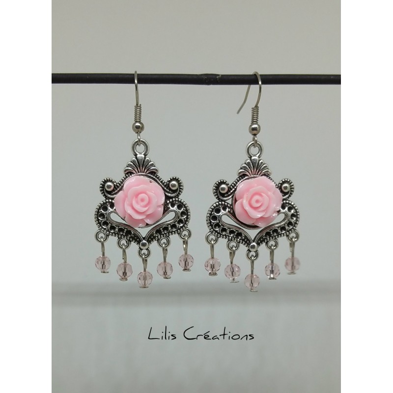 VINTAGE FLEURS- Boucles d'oreilles Rose et argent
