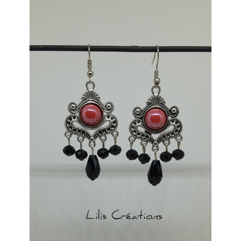 VINTAGE - Boucles d'oreilles Rouge, noir et argent