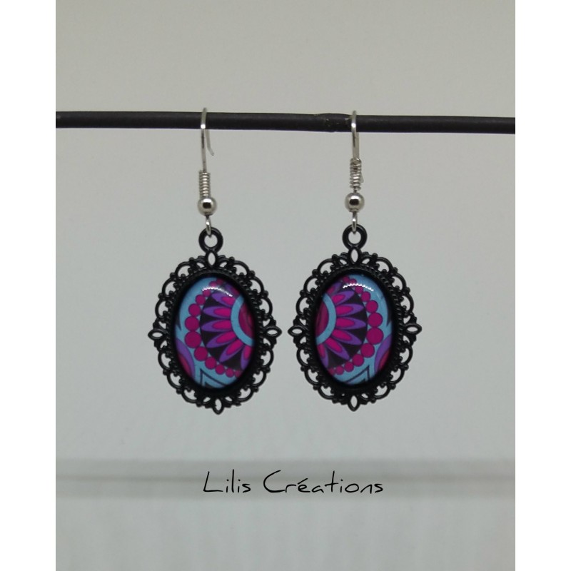 Boucles d'oreilles "Mandala" Rose, bleu et noir