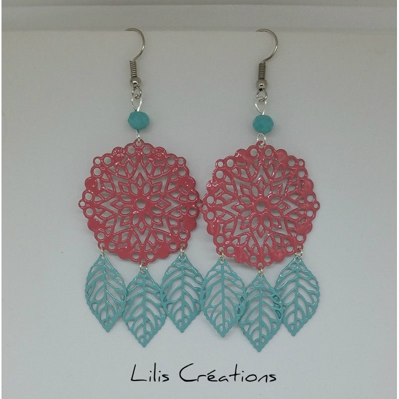 FEUILLAGES - Boucles d'oreilles rose et bleu