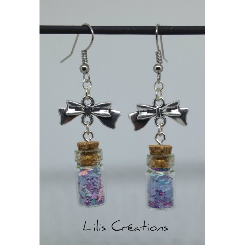 Boucles d'oreilles "Les fioles" phosphorescent , bleu, rose et argenté