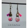 Boucles d'oreilles dissociées  "Les fioles"  phosphorescentes, rose, multicolore et bronze