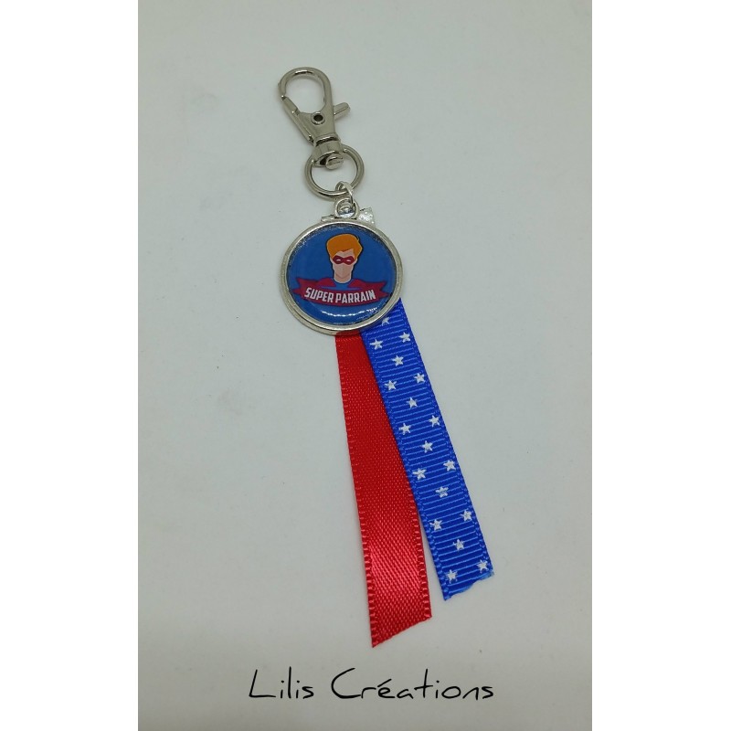 Porte-clés "Super parrain" rouge et bleu