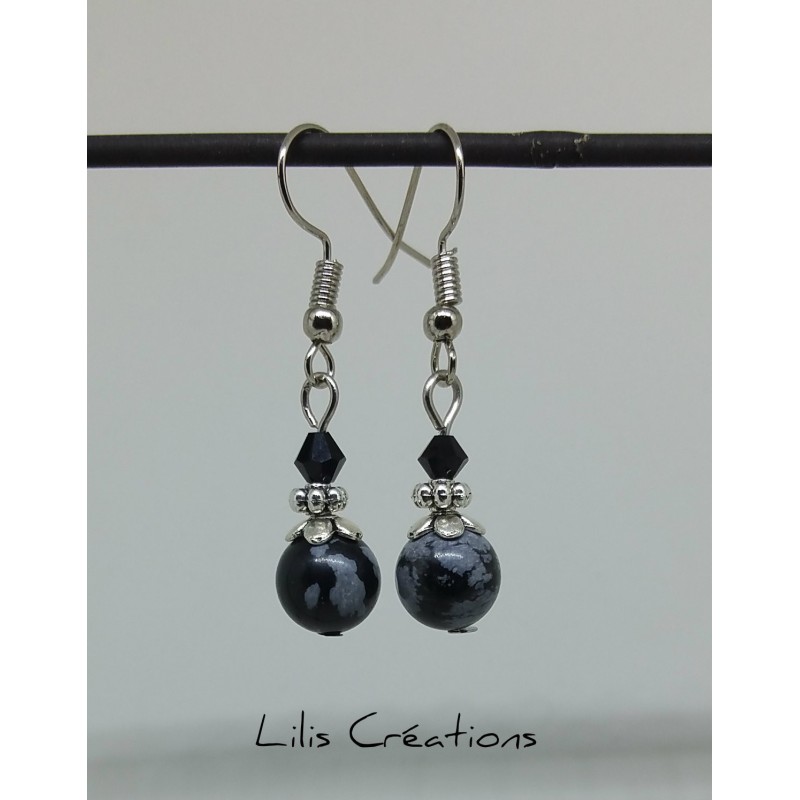 Boucles d'oreilles en pierres naturelles, obsidienne flocon / tons noirs et gris