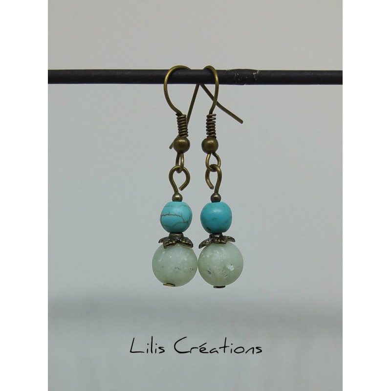 Boucles d'oreilles en pierres naturelles, agate et turquoise / tons bleus