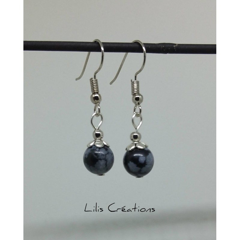 Boucles d'oreilles en pierres naturelles, obsidienne flocon / tons noirs, gris et argenté