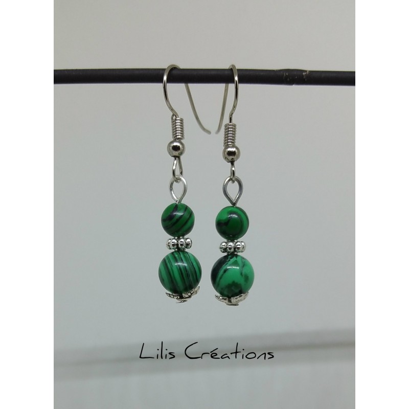 Boucles d'oreilles en pierres naturelles, malachite / tons verts et argenté
