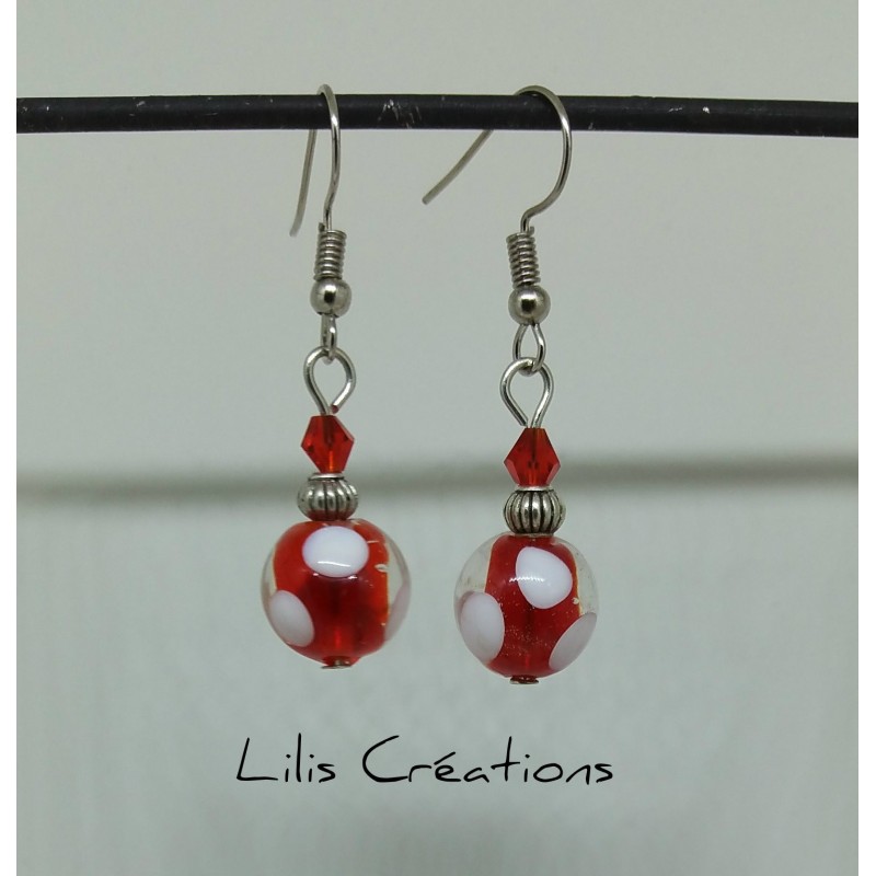 Boucles d'oreilles "Verre artisanal" rouge, blanc et argenté
