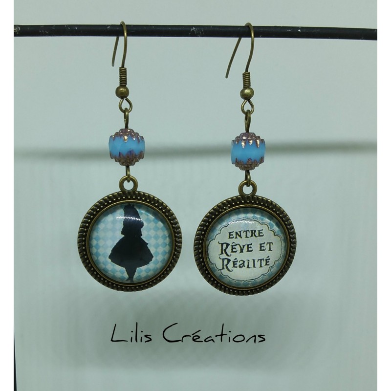 Boucles d'oreilles "Alice, Entre rêve et réalité" bleu et bronze