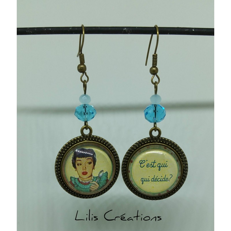 Boucles d'oreilles "C'est qui qui décide" bleu et bronze