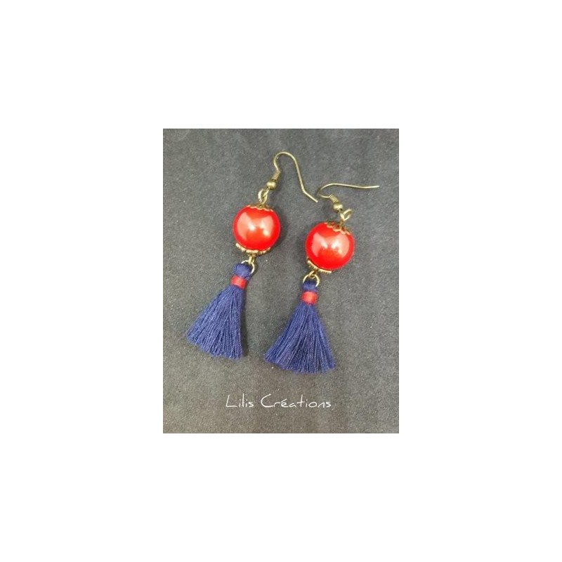 Boucles d'oreilles "Pompons" bleu marine, rouge et bronze