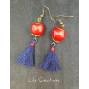 Boucles d'oreilles "Pompons" bleu marine, rouge et bronze