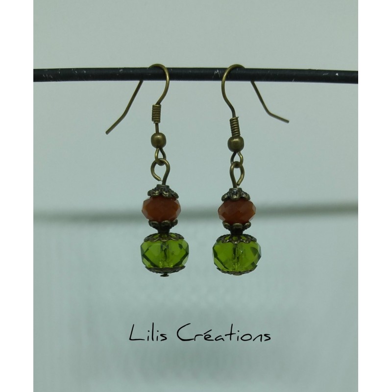 VINTAGE - Boucles d'oreilles en verre vert, marron et bronze