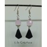 Boucles d'oreilles en jais ancien et perles en verre / rose, noir et argenté