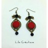 VINTAGE - Boucles d'oreilles rouge, noir et bronze