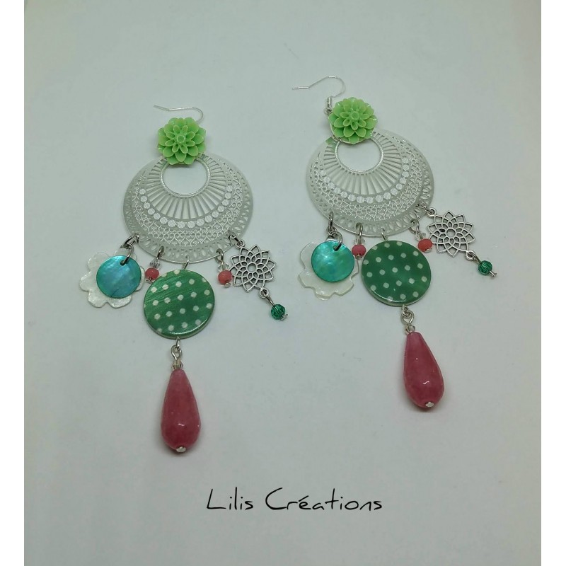 Boucles d'oreilles "Printemps" rose, vert, argenté / Nacre et jade