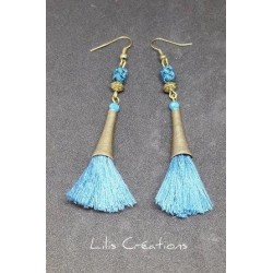 Boucles d'oreilles "Pompons ethniques" turquoise et bronze