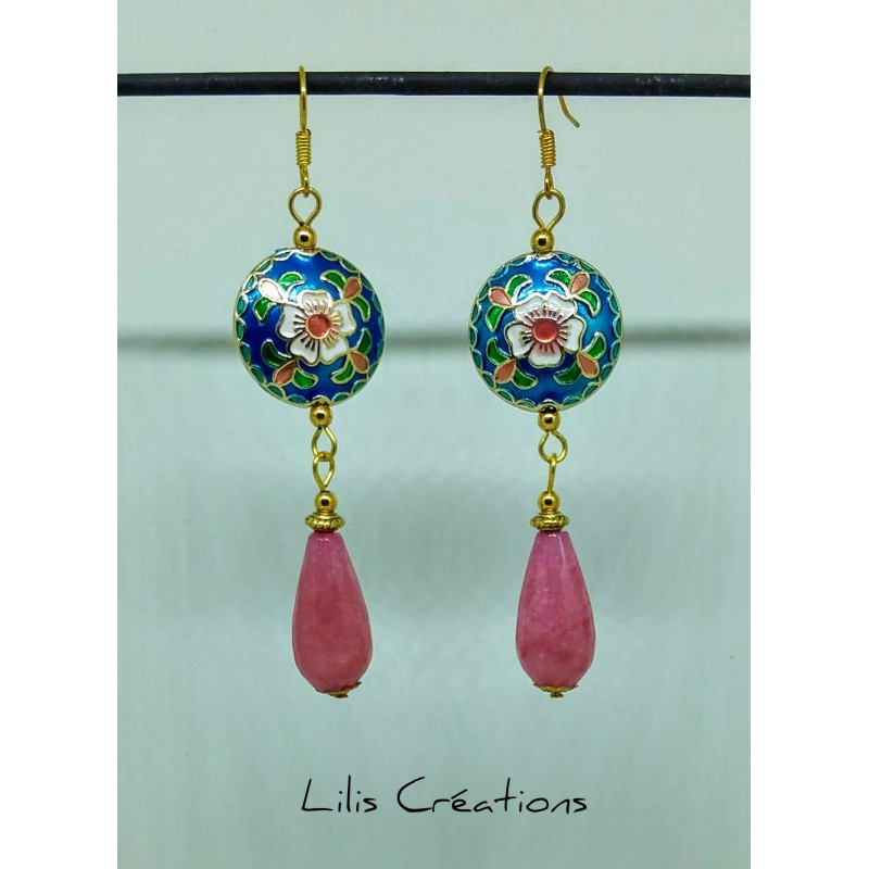 Boucles d'oreilles "Fleur" rose, bleu et doré / agate / pierre naturelle