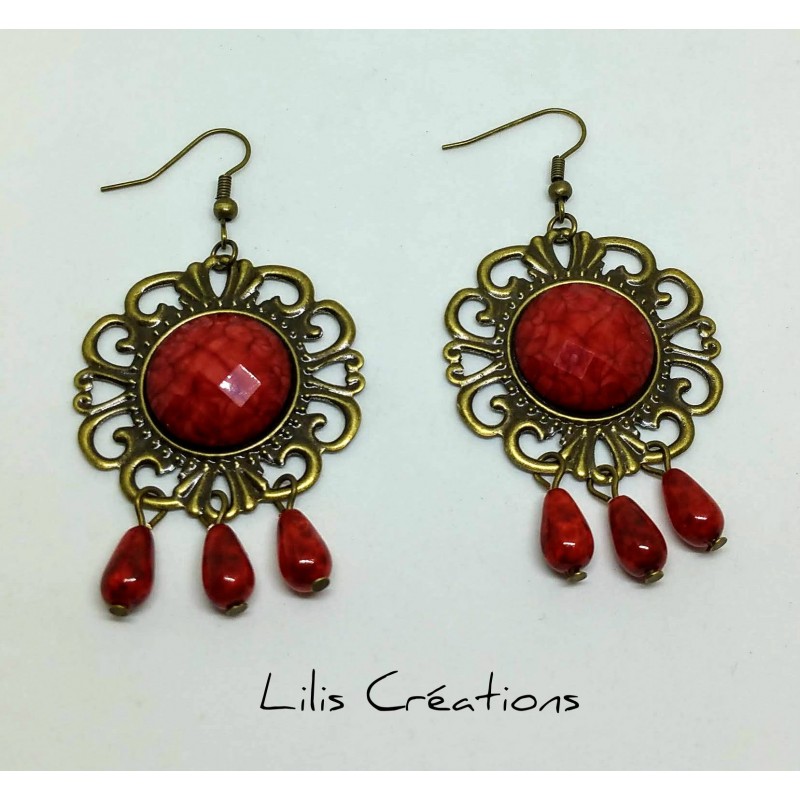 VINTAGE - Boucles d'oreilles rouge et bronze