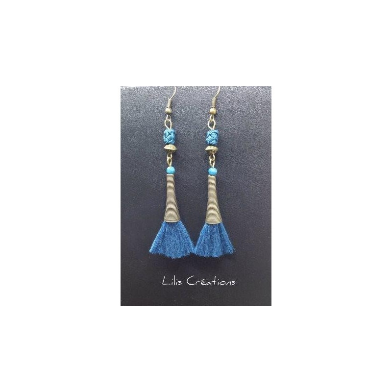 ETHNIQUES - Boucles d'oreilles turquoise et bronze pompons