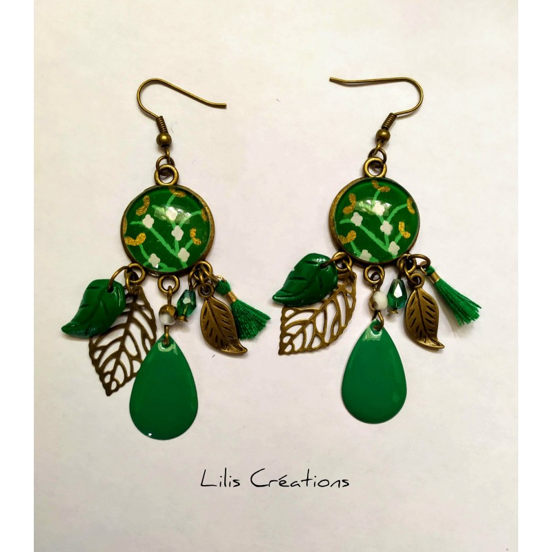 FEUILLAGES - Boucles d'oreilles vert et bronze