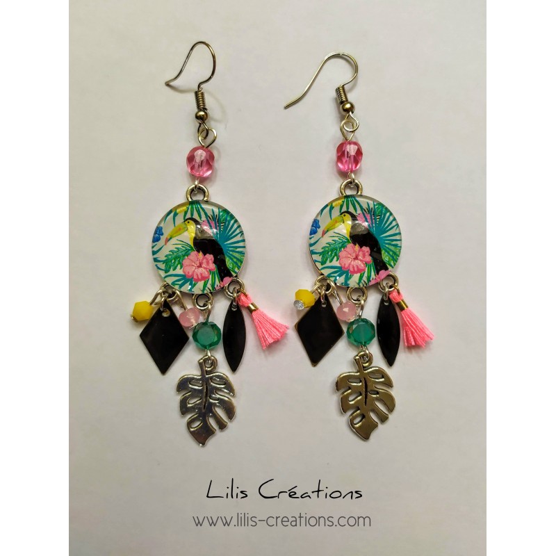 Boucles d'oreilles "Toucan"  rose, vert, jaune, noir et argenté