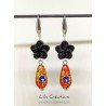 Boucles d'oreilles "Fleurs du Japon"  noir, rouge, doré et argenté
