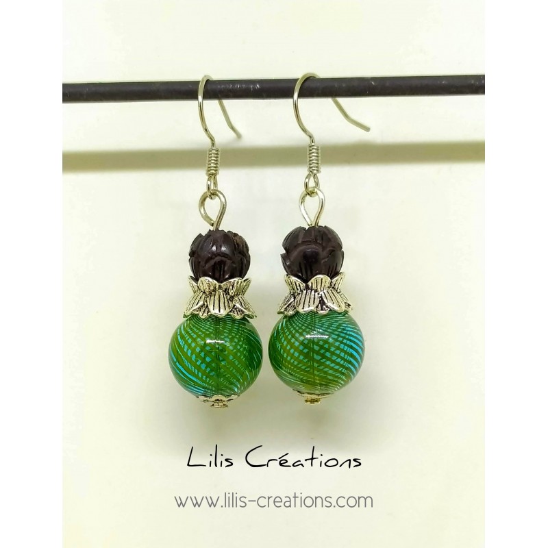 Boucles d'oreilles "Lotus - Verre soufflé"  vert, noir et argenté