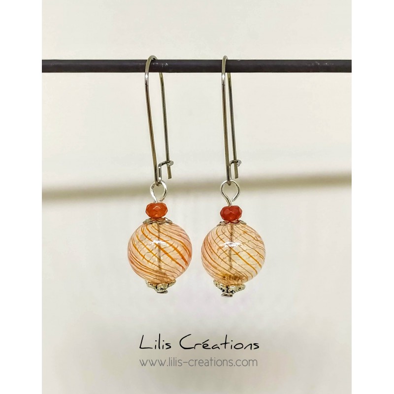 Boucles d'oreilles "Verre soufflé"  rouge/brun et argenté