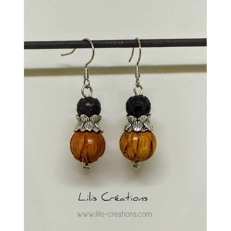 Boucles d'oreilles "Lotus"  bois, noir et argenté / bois de pêche et d'ébène