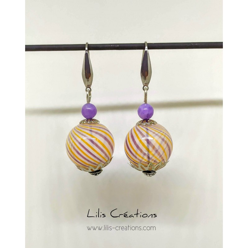 Boucles d'oreilles "Verre soufflé"  orange, parme et argenté / pierres naturelles en calcédoine