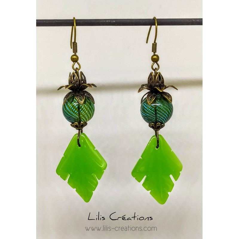 FEUILLAGES - Boucles d'oreilles vert et bronze / verre soufflé