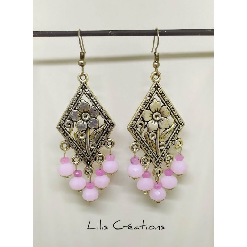 Boucles d'oreilles "Fleur" rose et argenté