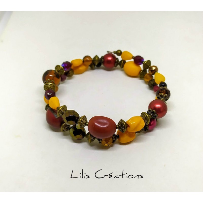 Bracelet à mémoire de forme  2 tours bordeau, jaune et bronze