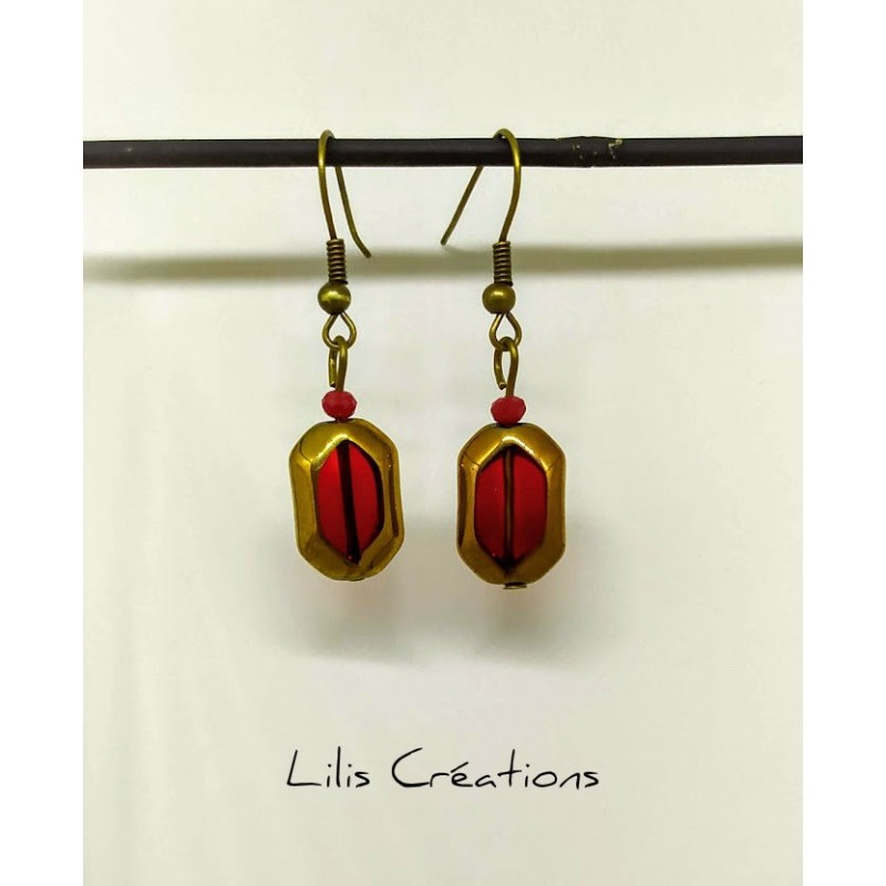 Boucles d'oreilles "Verre de bohème" rouge et bronze