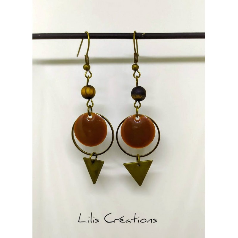 Boucles d'oreilles "Rond et triangle" marron et bronze, pierre naturelle oeil de tigre mat