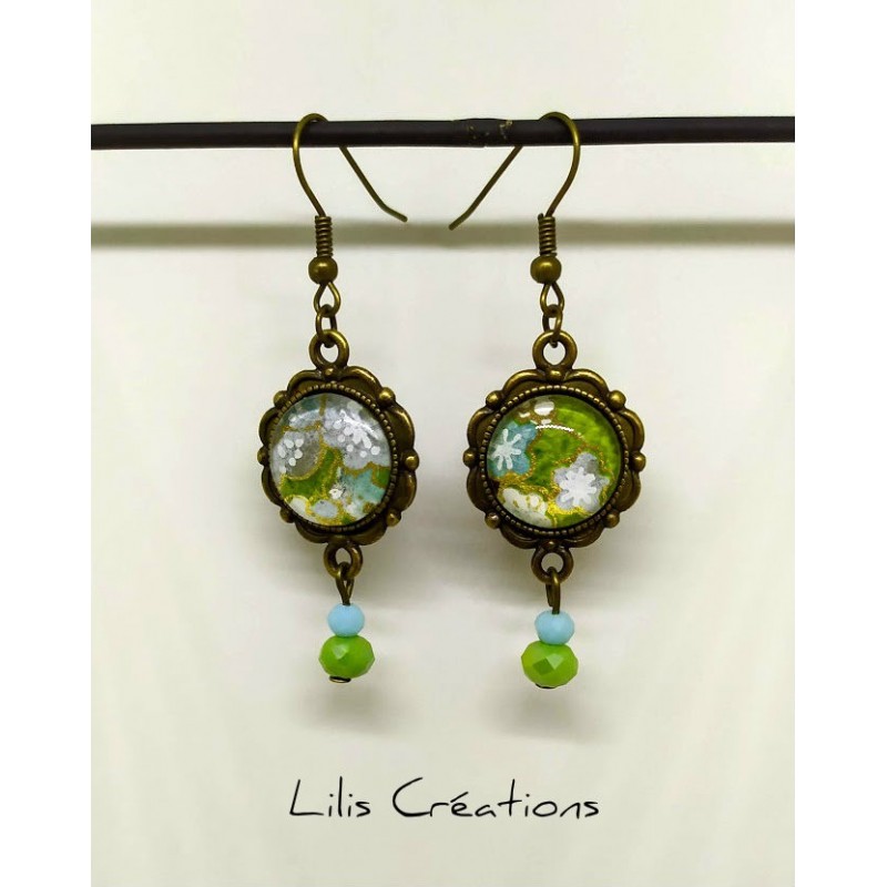 Boucles d'oreilles "Papier japonais" vert, bleu et argent