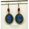 FEUILLAGES - Boucles d'oreilles bleu, fuchsia et bronze