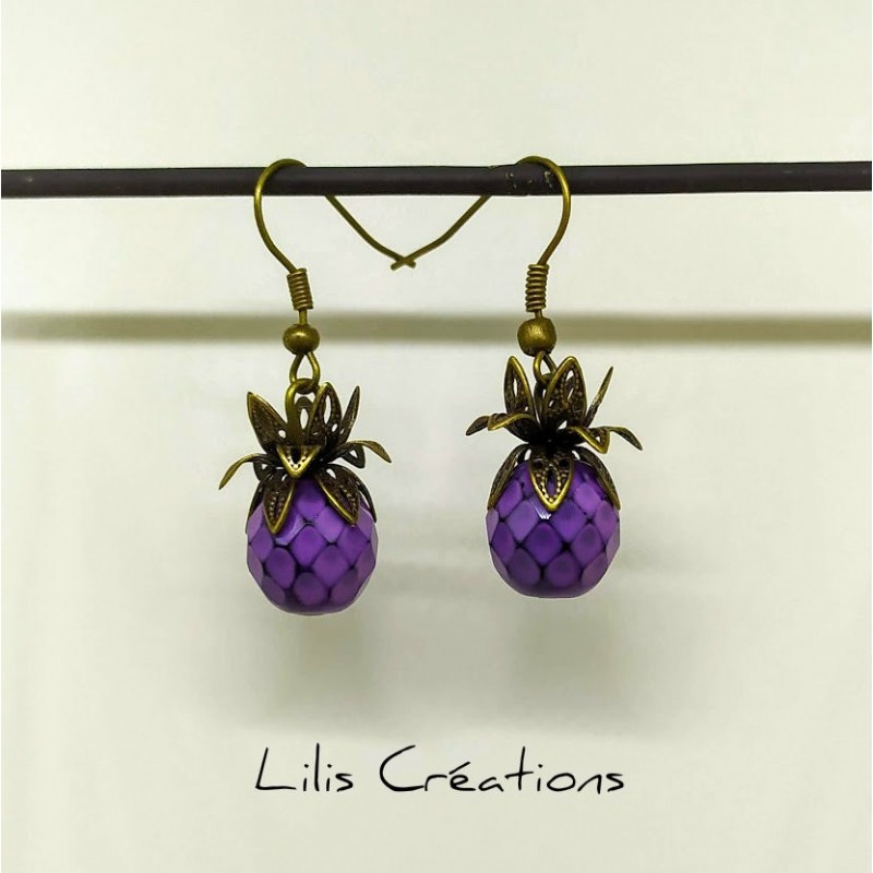 Boucles d'oreilles "Ananas" / violet et bronze
